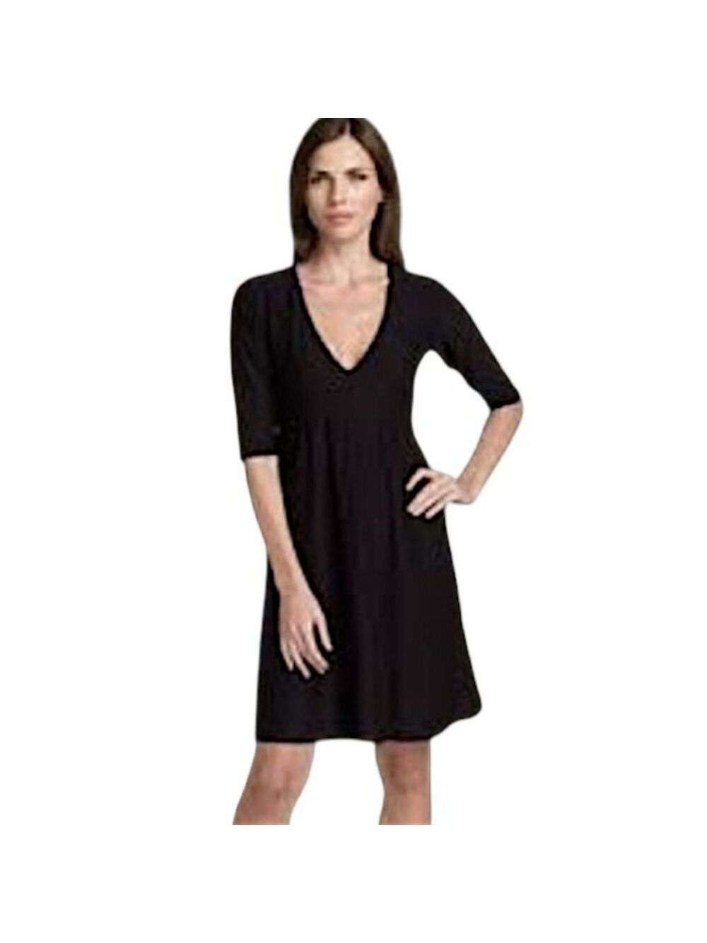 Eileen Fisher Deep V-Neck A-Line Viscose Crepe Knit Dress - Black - Xl